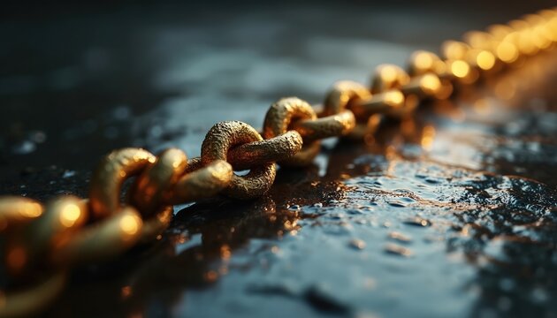 Golden chain lies on wet dark surface. Strong metal links connect, showing power, security, and unbreakable bonds. Symbolizes wealth, business, and lasting connections.