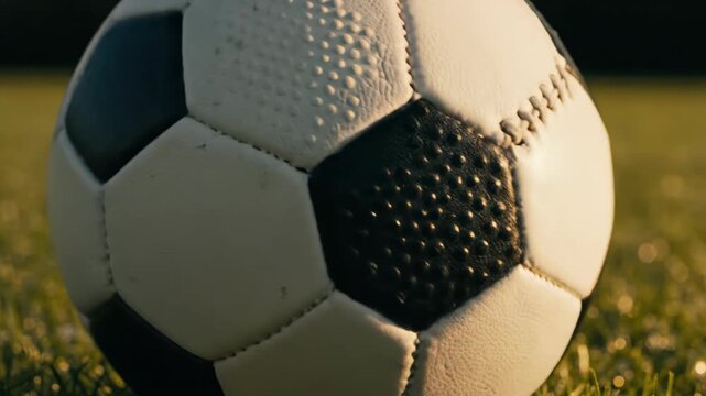 A close-up view of a soccer ball resting on a green grassy field, with black and white panels