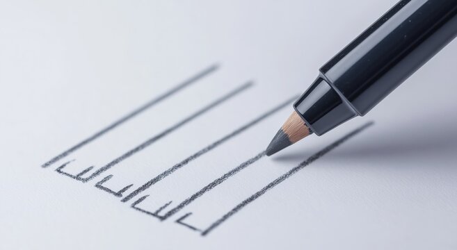 Black pencil sketching parallel lines with small markings on a textured white paper, illustrating process, creativity, and precision in art and design work