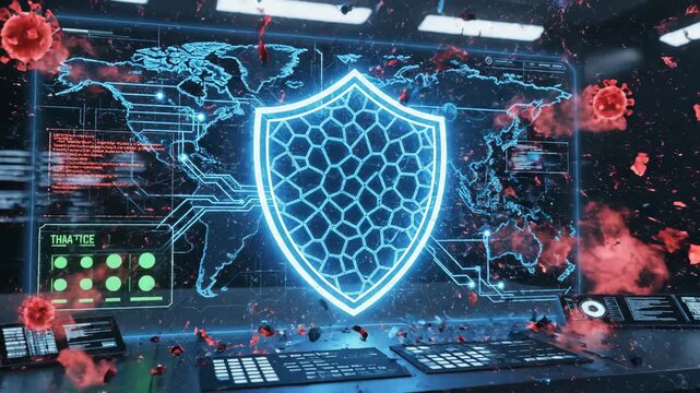 A computer interface visualizes an explosion of red, resembling virus cells, within a blue, network-like structure