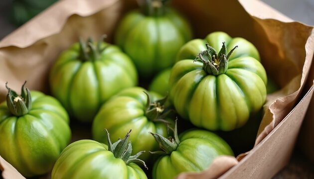 Many fresh green tomatillos with husks sit in brown paper bag. Raw produce appears ripe and ready for cooking. Organic fruit for healthy vegetarian meals, farm harvest.