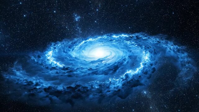 A cosmic scene depicts a vibrant blue vortex with radiant light at its center