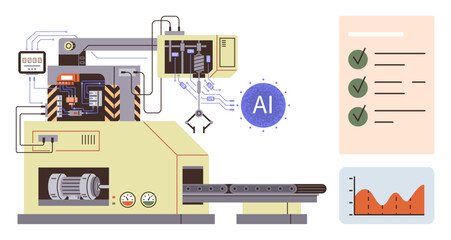 Fototapeta premium Manufacturing, artificial intelligence, automation, data analysis, quality control, technology in industry. Industrial machine with robotic arm and AI elements. Manufacturing and automation concept