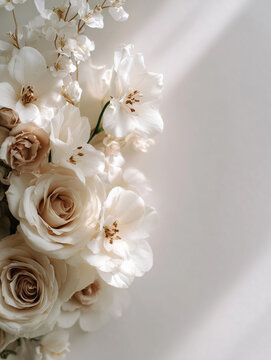 Elegant white rose floral background with minimal copy space