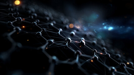 Obraz premium Dark Molecular Network Structure with Metallic Nodes on Black Background Macro Close-Up