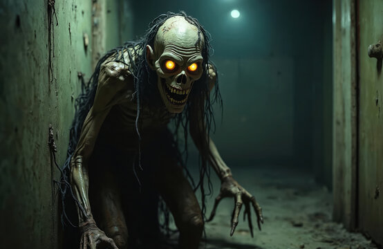 Scary ghoul creature with glowing eyes hides in dark abandoned basement. Undead monster with tattered clothes stalks in creepy dirty corridor. Horror entity waits for prey in spooky dilapidated