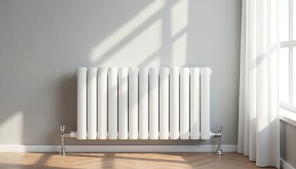 Modern white radiator in minimalist room. Home interior heating equipment with clean lines and elegant design. Natural light falls on floor, creating bright, warm atmosphere. Simple, functional style.
