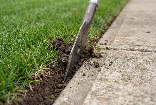 Manual lawn edger tool cutting grass edge along concrete sidewalk