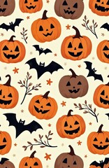 Seamless pattern featuring smiling cartoon pumpkins, black bats on light cream background with small autumn leaves, star shapes. Playful design evokes spirit of Halloween celebrations, fall