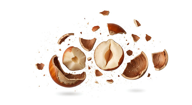 Cracked hazelnut exploding with flying shells and kernels isolated on white background