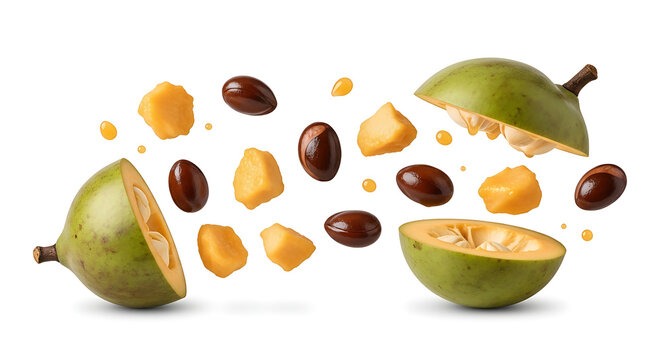 Exploded View of Tropical Lukuma Fruit with Floating Slices and Seeds Isolated on White Background