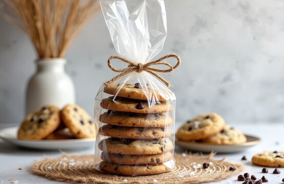 Stacked chocolate chip cookies in clear bag with jute tie. Fresh baked sweets for sale or gift. Delicious treat for parties. Mockup for food biz.