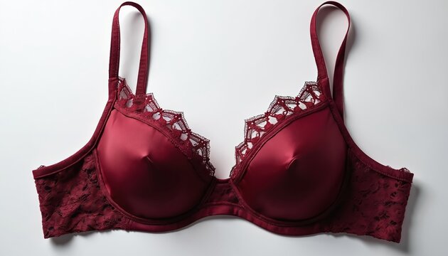 Maroon lace push up bra sits on white background. Elegant lingerie detail offers support and comfort. Features intricate lace trim, smooth satin fabric. Perfect for fashion, beauty and boudoir.