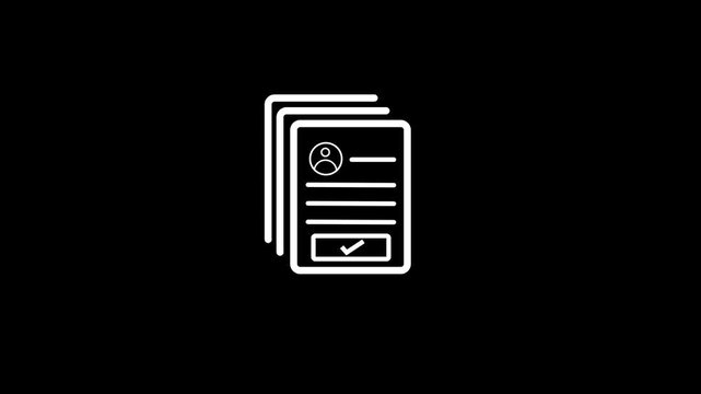 White Outline Icon of Stacked Documents with Profile Symbol on Black Background image photo