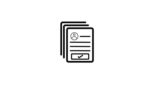 Black Outline Icon of Stacked Documents with Profile Symbol on White Background image photo