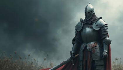Obraz premium Medieval knight in full metal armor stands in dry grassy field under dark cloudy sky. He holds large sword, wearing red cape. This warrior is ready for battle, symbolizing strength and history.