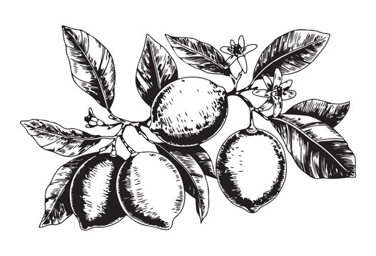 Detailed lemon fruit branch vector with blossoms and leaves in classic monochrome engraving drawing style