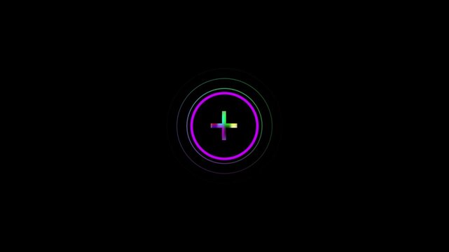 Rainbow plus sign inside concentric circles on black background create symbol