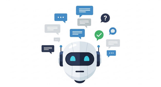 Robot head with blue eyes and speech bubbles representing ai communication and chatbot technology