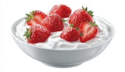 Fresh Strawberries Topped on Creamy Yogurt in White Bowl.