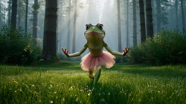 Elegant frog dressed as a ballerina practicing yoga pose in a peaceful forest setting during daytime