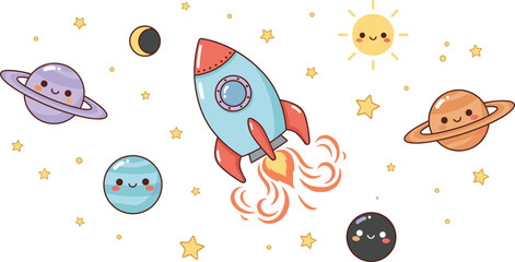 Cute cartoon space illustration with smiling planets, rocket ship, stars and sun, colorful kawaii galaxy scene for kids design, nursery decor, vector background © Babu