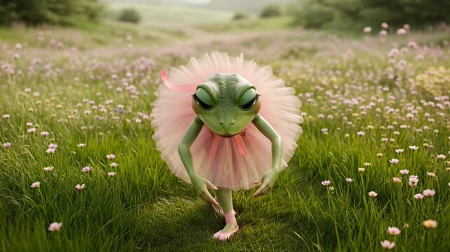 Whimsical creature with fluffy pink fur and exaggerated facial features standing in a lush green meadow filled with small wildflowers during daytime