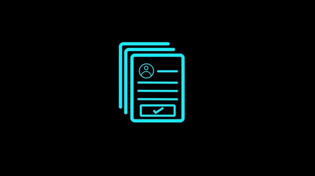Cyan outline icon of stacked documents with a profile icon and lines representing text on a black background