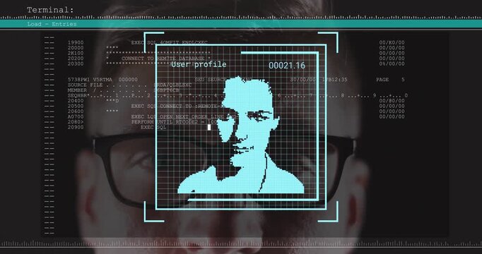Game UI initiating face scan after player tap, revealing code, cyan pixel grid, verifying profile