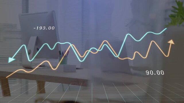 Grid appearing, desk area revealing monitor while orange and teal graphs rising, visualizing trends