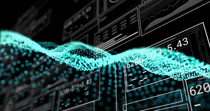 Left edge burst sending teal particle wave curving up and sweeping right to reveal wireframe panels