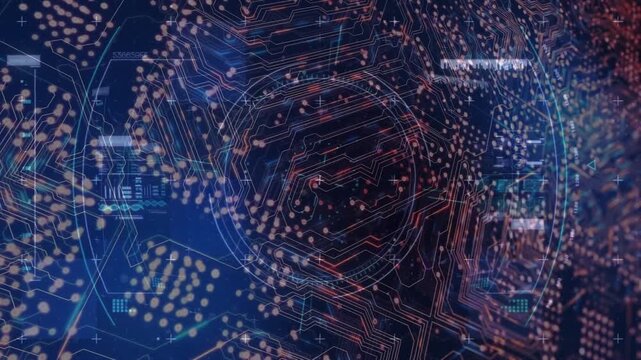 Blue band sweeping, traces pulsing, HUD shifting to showcase cohesive tech backgrounds