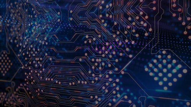 PCB pattern starting left focus, scanning right, drifting left, nodes pulsing, implying data flow