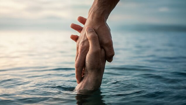 물 위에서 가라앉는 베드로를 구원하는 예수의 손, 믿음과 신뢰로 어려움을 극복하는 순간