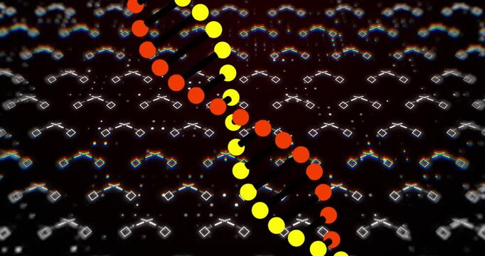 Orange-yellow nodes appearing below, rising and aligning into coiling helix, forming peach emblem