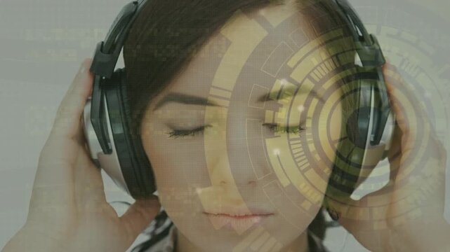 Woman adjusting headphones with fingers to settle fit, causing HUD circling right face in audio