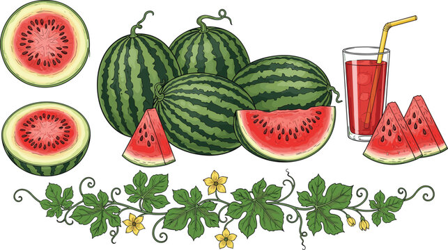 Fresh watermelon collection with whole fruits, slices, juice glass, and leaves isolated ve showcasing summer fruit, healthy refreshment, and natural organic food 