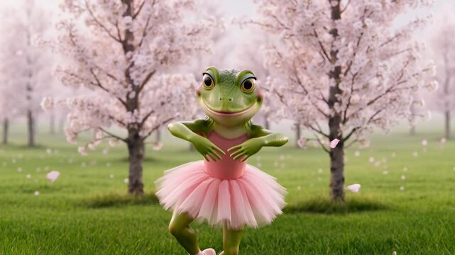 Whimsical frog wearing a pink ballet tutu dancing in a lush green park with blooming cherry blossom trees