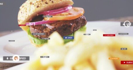 Showcasing sesame-seed burger sitting on white plate at tabletop studio, with fries and UI overlays © vectorfusionart