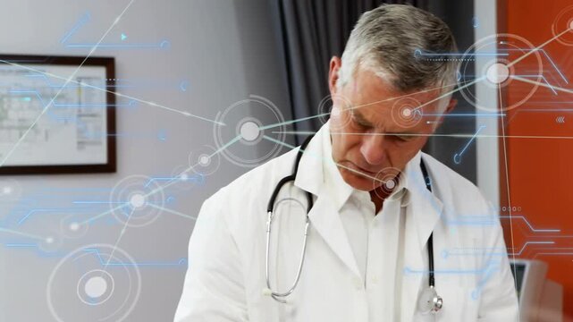 Physician tapping tablet and measuring child height in clinic, HUD graphics displaying patient data