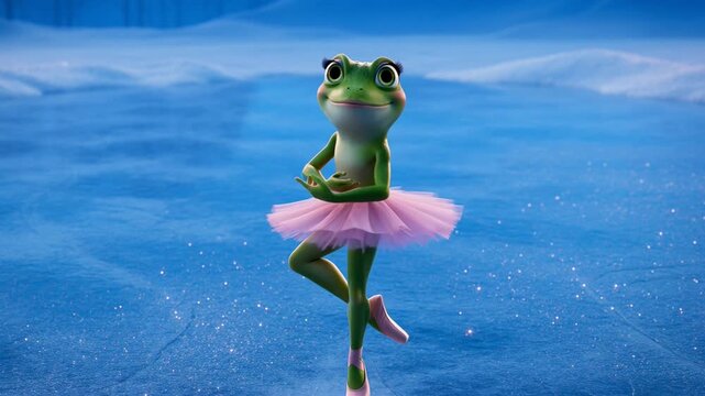 Whimsical frog character wearing a pink tutu dancing on water surface with serene blue sky in the background for playful themed designs