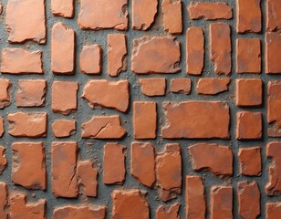 Fototapeta premium Terracotta mosaic tile pattern with rough texture and irregular shapes. Old brick fragments form a rustic background for interior or exterior decor projects. Natural aged surface detail.
