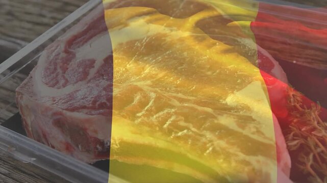Raw bone steak on board, tri stripe overlay shifting, finger entering pressing film revealing herb