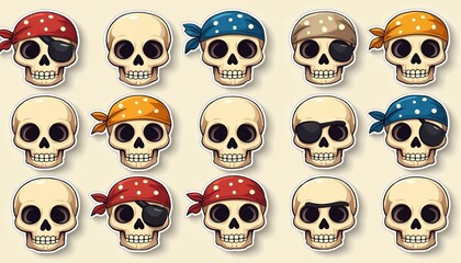 Collection of cartoon pirate skulls in various bandanas and eye patches. Diverse skull heads feature different headwear and accessories. Cute playful skull set for design or game.