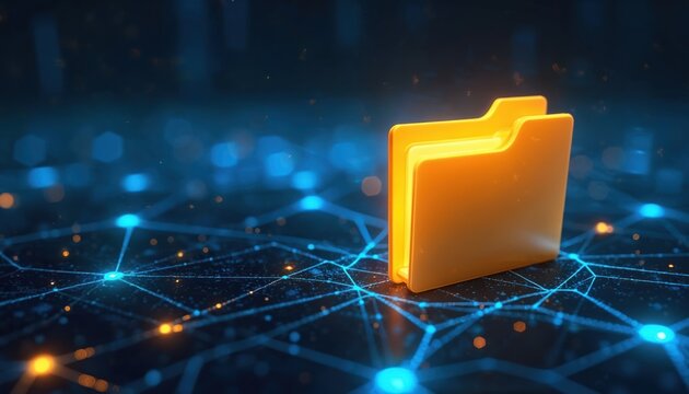Digital folder glows on abstract network background. Concept for data storage organization cybersecurity and cloud computing tech. Modern digital system interface for information.