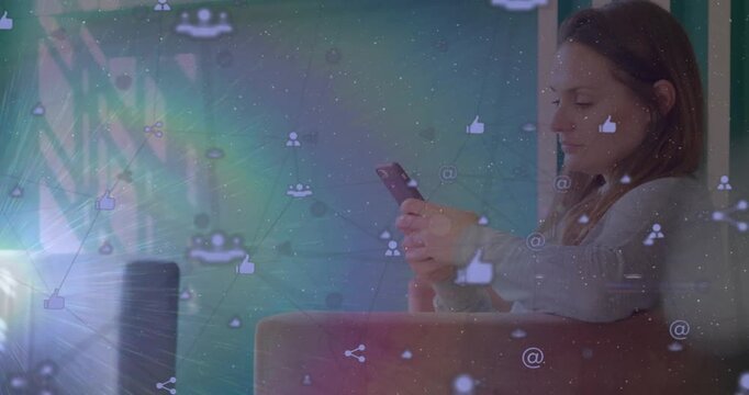 Woman sitting couch holding phone left flare rising social icons floating tapping tracking alerts