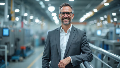 Obraz premium Smiling businessman in suit and glasses stands in modern factory. He is an industrial pro with a successful career in manufacturing and production.