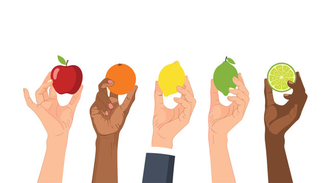 Five diverse human hands with different skin tones are raised vertically each grasping a fruit such as a red apple or lemon on a white background.