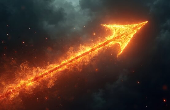 Fiery arrow flies through dark stormy sky. Burning projectile creates intense light and heat. Symbol of speed power and destruction in motion.