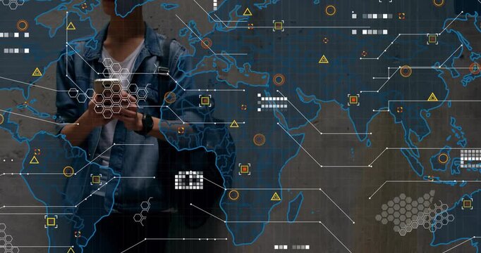 Person tapping phone, activating animated world map with HUD hexgrid alerts tracing cyberattacks